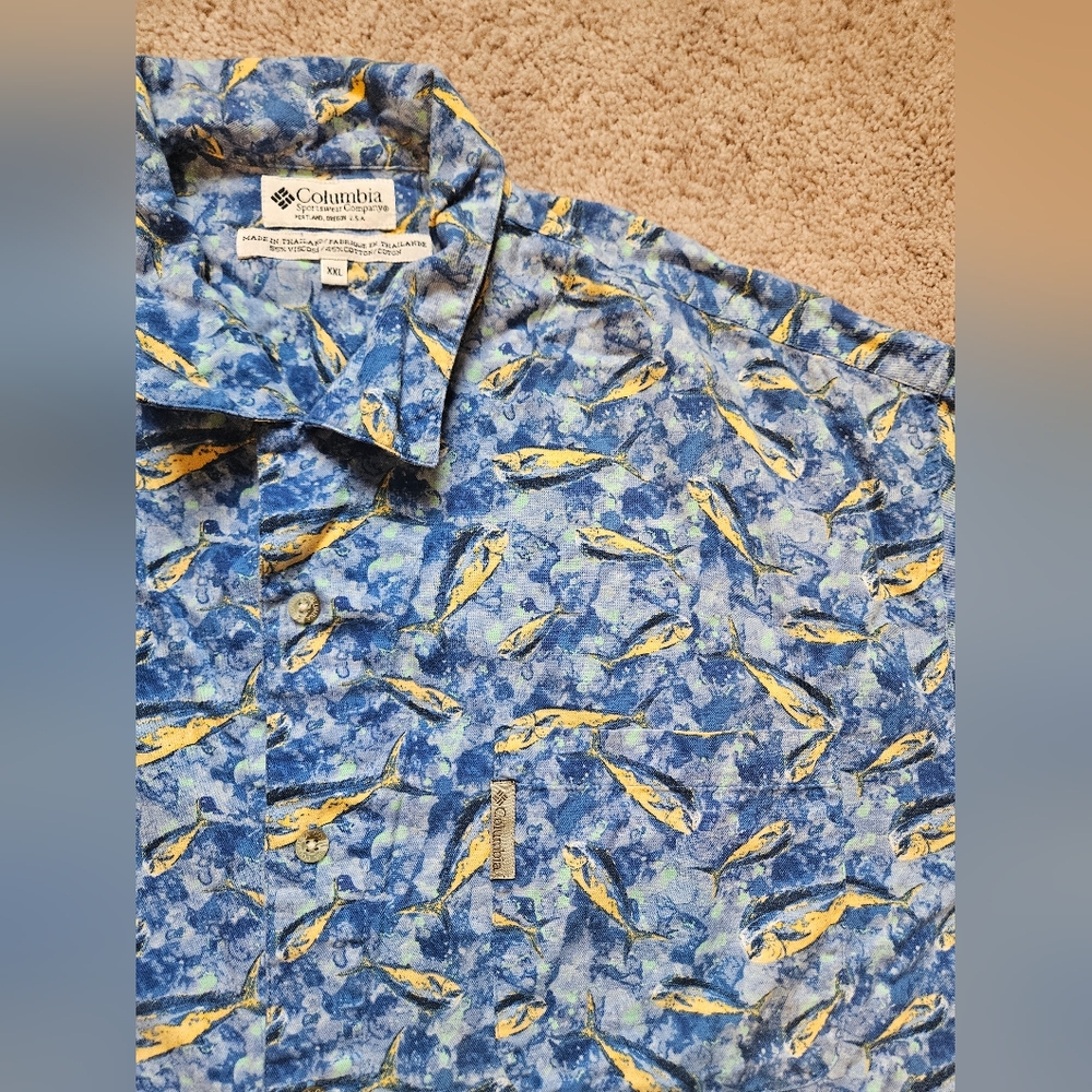 Columbia Shirt Men XXL Blue Mahi Mahi Fishing Print Vintage Blue Short Sleeve